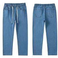 Baggy Jeans for Men Wide Leg Drawstring Elastic Waist Denim Pants Streetwear Casual Summer Jeans with Pockets Men's Regular Fit Jean Pants Plus Size 36/2XL šviesiai mėlyna spalva