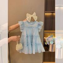 Kids Girls Light Blue Princess Cake Sleeveless A Line Dress For Birthday Party Summer 80cm mėlyna