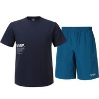 Nasa Unisex Cotton Blend Training T-Shirt + Woven Knee-Length Shorts Set [Navy + Green Blue] 105