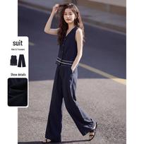 Women's Sleeveless Vest & Wide-Leg Pants Two-Piece Set L tamsiai mėlyna spalva