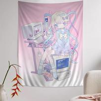 Anime Gaming Room Tapestry Retro Gradient Mural Cute Double Ponytail Girl Bedroom Living Room Ins Style Decoration 100X70CM