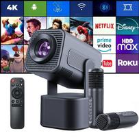 Projektorius su dviem mikrofonais, dideliais garsiakalbiais ir 1080P raiška karaokėms