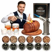 Viskiui rūkymo rinkinys XXL degiklis, medinė dėžutė, stiklas, 6 skoniai