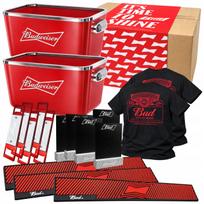 Rinkinys BUDWEISER XXL: 2 aušinimo kibirai, marškinėliai, baro kilimėliai, atidarytuvai