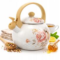 Emaliuotas virdulys su švilpuku 2,2 l, plieninis, FLOWERS, tinka indukcijai ir dujoms, baltas