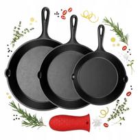 3 dalių ketaus keptuvių rinkinys, tinka indukcijai, griliui, židiniui, su grotelėmis