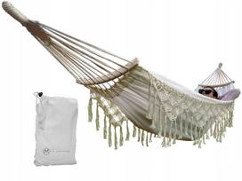 Dvivietis boho stiliaus medvilninis hamakas su mediniais laikikliais, 280x150 cm