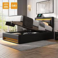 Polsterio lova 90x200 cm, su USB ir LED, saugykla, be čiužinio, PU litchi raštas, juoda
