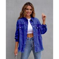 Holes Raw-edges Denim Jacket Women Spring Autumn Shirt Jeancoat Casual Top Outerwear Lady Coat S mėlyna