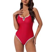 Women's Fashion V-neck Color One-Piece Swimsuit S raudona