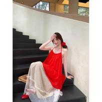 Red Off-the-Shoulder Halterneck Chiffon Top + Wide-Leg Skirt Two-Piece Set Medium