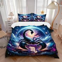 3pcs Scorpio Zodiac Sign Comforter Set with Two Pillowcases (No Core), Home Decor, Festival Gift, Polyester Fabric, Anime Cartoon Design 135x200cm white