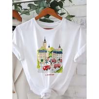 Women's T-Shirt with London Big Ben Red Bus British Landmarks Graphic, Casual Crew Neck Short Sleeve, UK Travel Casual Daily Top M