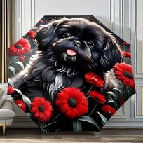 Portable Folding Umbrella with Black Cocker Spaniel & Red Flowers - Automatic Open/Close, Compact Travel Umbrella with 8-Rib S