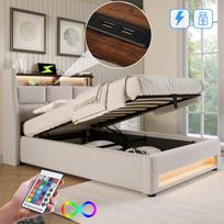 Polsteruotas lova su USB, LED, 90x200 cm, lininis audinys, 1 vnt