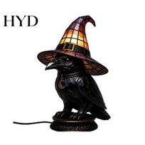 Vintage Style Night Light Stained Glass Witch Hat Lamp, Halloween Black Cat Ghost Raven Gothic Bedroom Decor Light, Retro Resin Table Lamp for E
