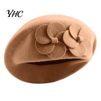 Artist Hat Beret Dual Flowers Decor Elegant Classic Plain Soft Keep Warm Girls Solid Color Autumn Winter Women French Cap for Outdoor chaki