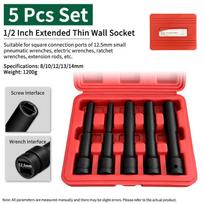 1/2 Inch 5 Pcs Set Impact Socket Set Extra Long Thin Wall Hex Square Socket  Grade Thin Wall Deep Impact Socket Set (as the picture,5 Pcs Set)