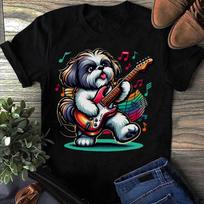 Music Dog T-Shirt: Guitarist Shih Tzu - Dog Lover Gift L