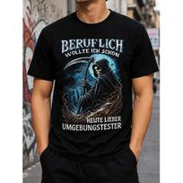 Men's Short Sleeve T-Shirt With Grim Reaper Graphic And German Text, Casual Cotton Tee For Daily Wear Or Halloween S juoda