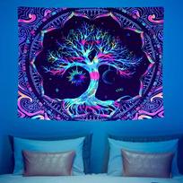 Blacklight Mushroom Forest Tapestry Polyester Wall Hanging Trippy Psychedelic Tapestry for Bedroom Room Decoration 100X70CM