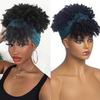 Galvos juostos perukas su kirpčiukais Afro Kinky garbanotas perukas Sintetinis karščiui atsparus natūralus be klijų plaukų trumpi banguoti perukai juodaodėms moterims TB094-1