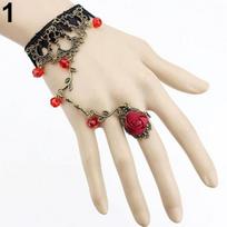 Retro Gothic Women Lace Flower Hand Slave Harness Bracelet Chain Ring Jewelry AVE