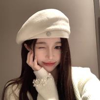 White wool beret woolen hat autumn and winter women's versatile face small painter hat women's high sense adjustable (55-58cm)