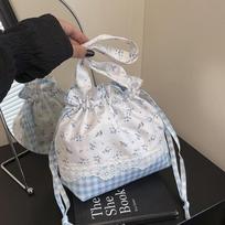 Drawstring bento for work, summer leisure, literary and artistic work, fresh small cloth bag, handbag, lightweight floral bag mėlyna