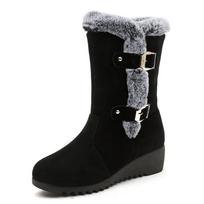 Rabbit Fur Snow Boots Wedge Heel Belt Buckle High-top Women's Cotton Boots 35 juoda