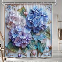 Elegant Hydrangea Shower Curtain - Golden Frame, Lush Green Leaves, Soft Pastel Blue & Purple,  Machine Washable, Bath Decor W90XH180cm