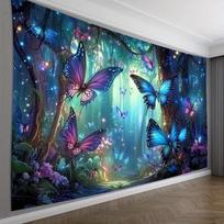 2D Magiško drugelių miško gobelenas, Šviečianti fantazijos sieninė dekoracija 47.2x31.5inch/120*80cm blue