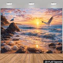 2D Coastal Sunset Backdrop, Seashore Rocks & Seashells Photography Background 47.2x31.5inch/120*80cm