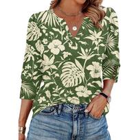 Women V Neck Loose Fit Casual Blouse 3/4 Sleeve Floral Print Button Detail Lightweight Top for Daily Wear M žalia