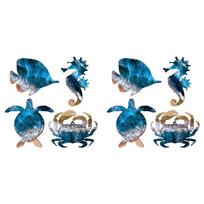 Premium-8X Wall Sculptures Metal Outdoor Wall Art Decor, Beach Pool Sea Decor Theme With Metal Sea Turtle Fish Crab Decor