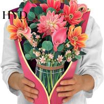 Realistic Flower Greeting Card 3D Bouquet Pop Up Life Size Rose/Dahlia/Tulip/Hydrangea/Carnation Vivid Green Leaves for Women Mom Wife Birthday A