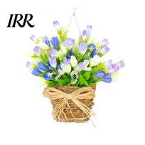 Farmhouse Style Wreath Spring Tulip Door Hanger Basket for Front Artificial Hanging Floral Pastoral with Woven And Bow Home Wall Porch Decor Flowers 1pc