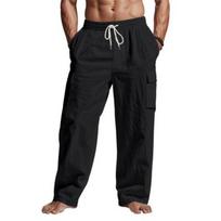 Men Casual Linen Baggy Trousers Wide Leg Pants Drawstring Waist Loose Fit Summer Beach Yoga Pants with Pockets S juoda