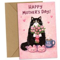 Cats Holding Pink Tulips Mother's Day Greeting Card Blessing Message Whimsical Card  Birthday Party StyleA