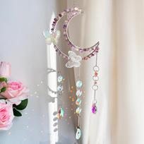 Butterfly  Moon Crystal Suncatcher with Natural Gemstone Chips Rainbow Prism Window Hanging Ornament (as the picture,about 54cm)