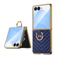 NEW ARRIVAL Plating PU Leather Z Flip 7 Case with Finger Ring, Luxury Phone Case for Samsung Z Flip 7 Flip6 Flip5 Flip4 Flip3 Galaxy Z Flip5 tamsiai mėlyna spalva