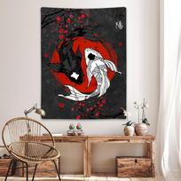 1pc Japanese Yin-Yang Koi Carp Design Backdrop Tapestry Vintage Japanese Art Ukiyo-e Suitable For Bedroom Home And Party Decor 100X70CM