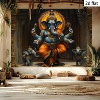 Sacred Ganesha Tapestry-Four-armed Cobalt Blue Elephant Gods with Saffron Robe, Serene Hindu Altar Wall Cloth Tapestry 100X70CM