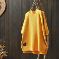 Women Short Sleeve Knit Top Solid-Color Semi-High-Neck Loose-Fitting Slimming Casual Pullover Sweater S geltona