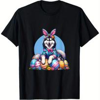 Husky Easter Bunny Costume Graphic Tee Funny Siberian Dog Print Casual Cotton T-Shirt for Men S