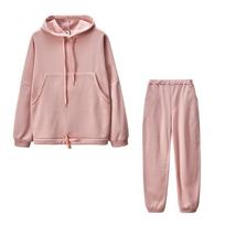 Fleece Moteriški sportiniai kostiumai, gobtuvai, dviejų dalių rinkiniai, žieminiai solidūs ilgomis rankovėmis „Joggers“ kelnių kostiumas, moteriškas laisvalaikio sportinės aprangos rinkinys XL rožinė