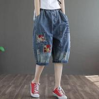 Harun Denim Short Women High Waist Seven Loose Thin Retro Embroidery Hole Wide Leg Pants Plus Size XXL mėlyna