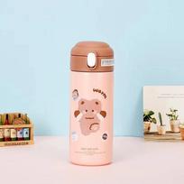 380 ml nerūdijančio plieno termosas su šiaudeliu, gėrimui, mielas, animacinis, izoliuotas, vakuuminis, vandens butelis vaikams, mergaitėms, nešiojami gėrimų indai 380ML ruda