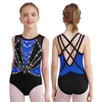 Merginos Blizgantis Cirkonio Šokio Triko Be Rankovių X Formos Petnešėlės Atviras Nugara Bodžiai Ledo Čiuožimo Kostiumas Gimnastikos Baleto Šokio Drabužiai 5-6 Years mėlyna