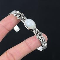 Friendship Day Deal Rainbow Moonstone Stone 925 Sterling Silver Flower Bangle Adjustable